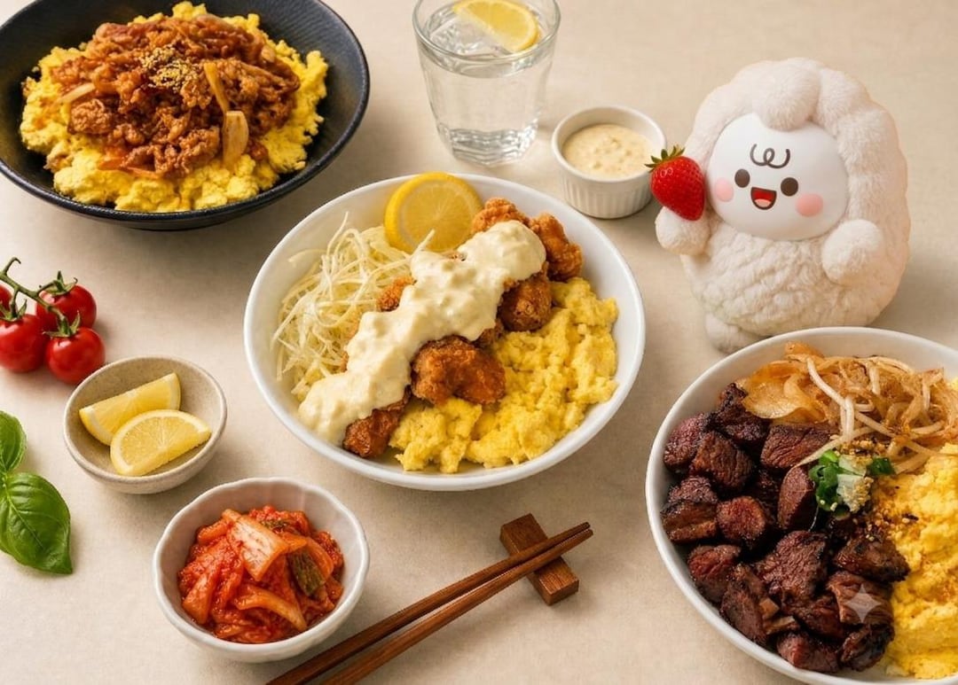 HOYO creamy egg rice bowls served with side dishes